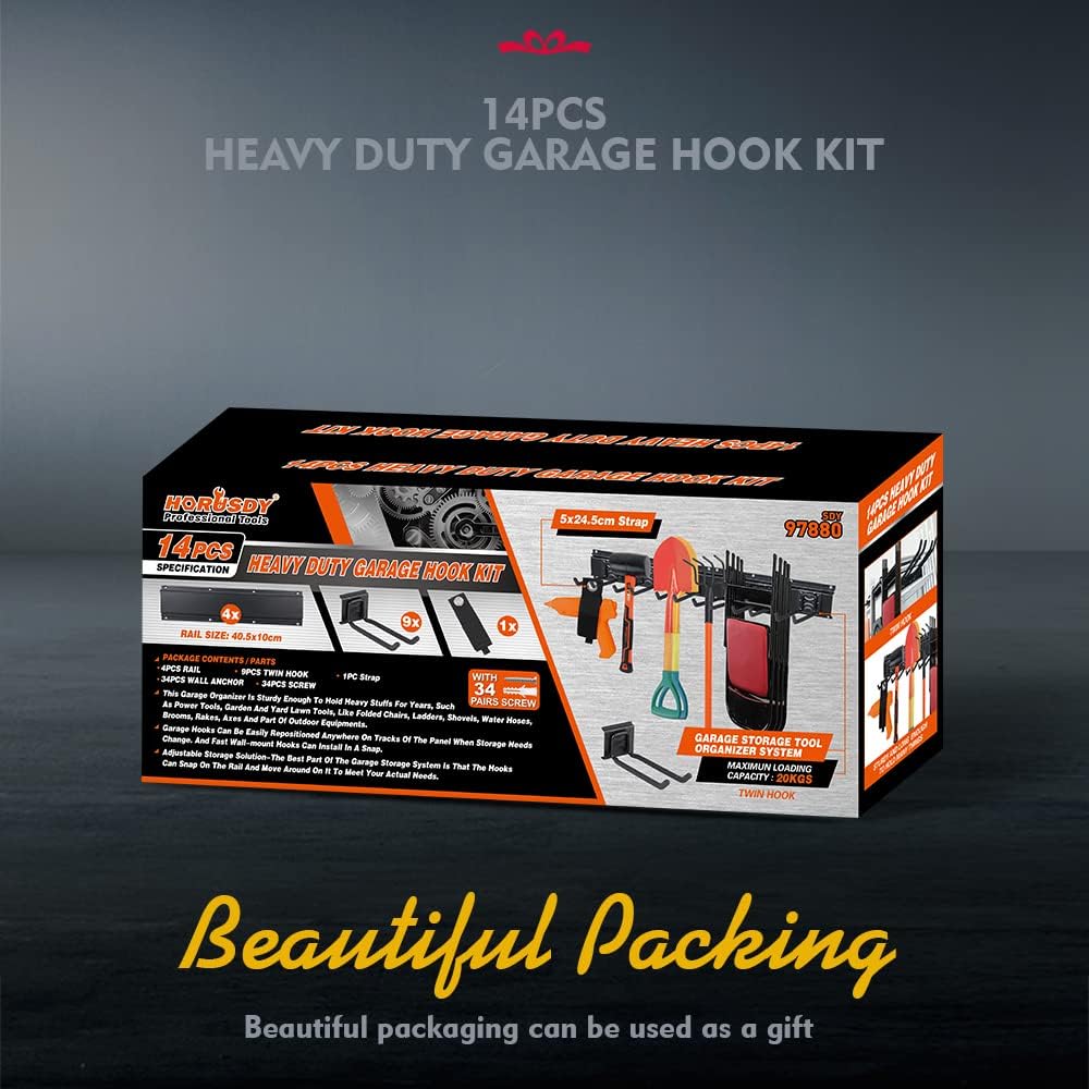 HORUSDY 14PCS adjustable heavy duty wall mount garage tool storage hook rack with steel rail system