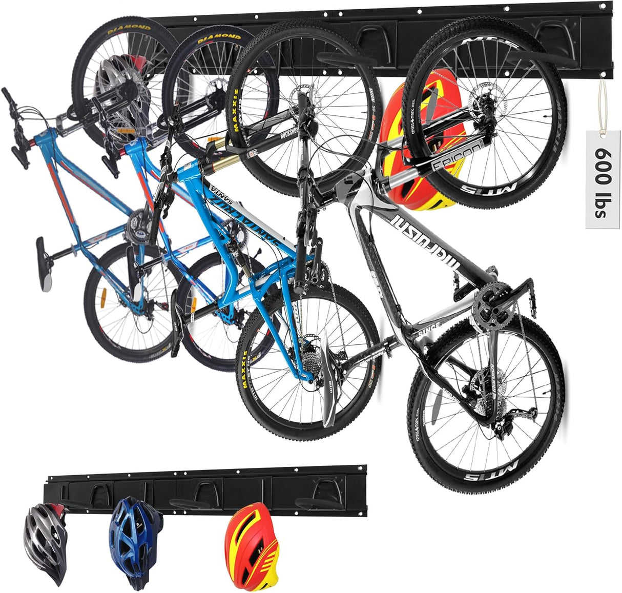HORUSDY 16-piece wall mount garage hook system with adjustable bike storage hooks, heavy duty rails, and easy installation for bikes and helmets.