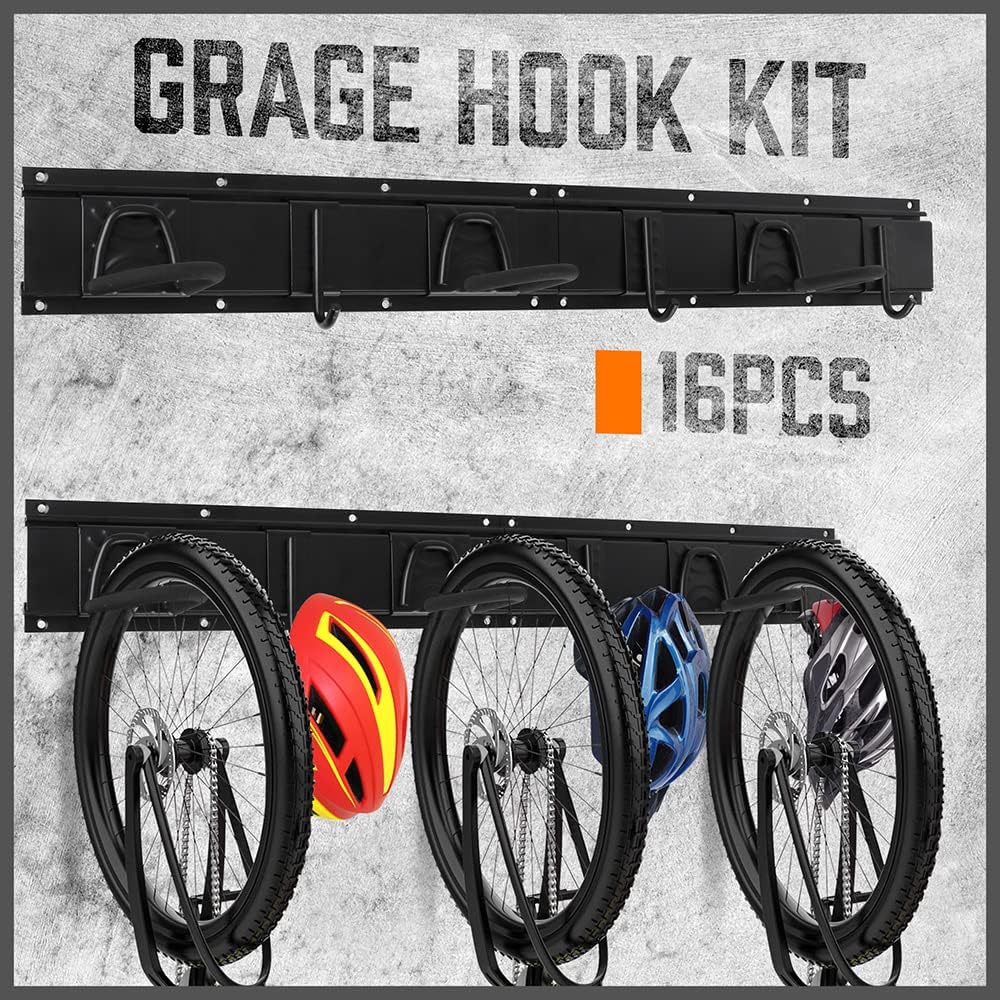HORUSDY 16-piece wall mount garage hook system with adjustable bike storage hooks, heavy duty rails, and easy installation for bikes and helmets.
