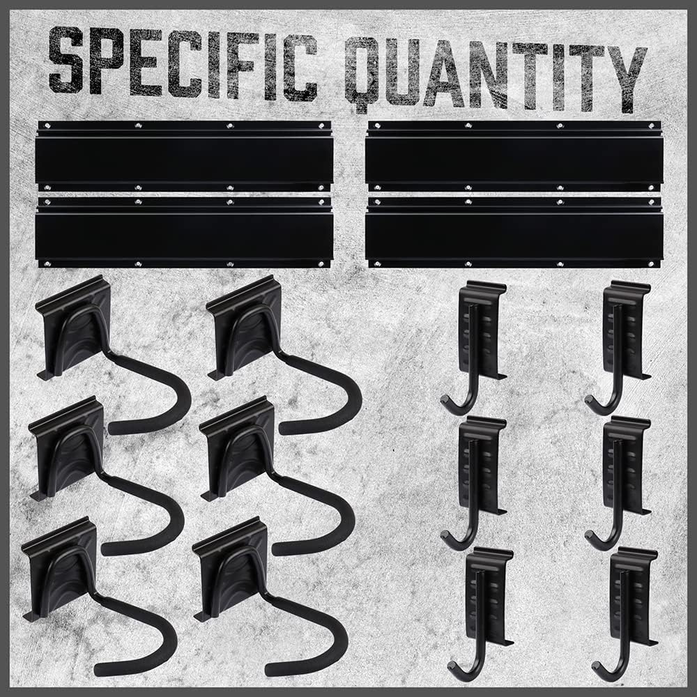 HORUSDY 16-piece wall mount garage hook system with adjustable bike storage hooks, heavy duty rails, and easy installation for bikes and helmets.