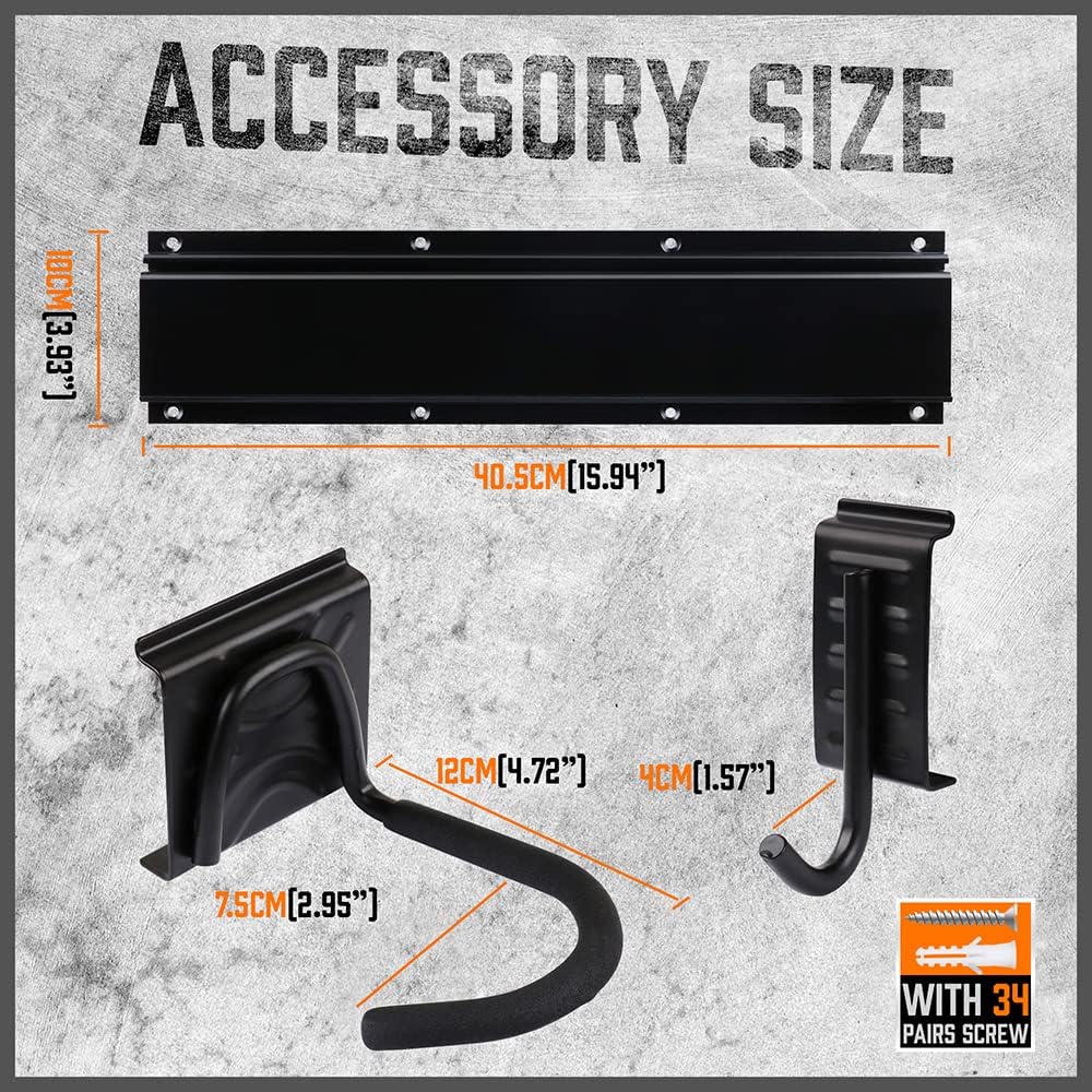 HORUSDY 16-piece wall mount garage hook system with adjustable bike storage hooks, heavy duty rails, and easy installation for bikes and helmets.