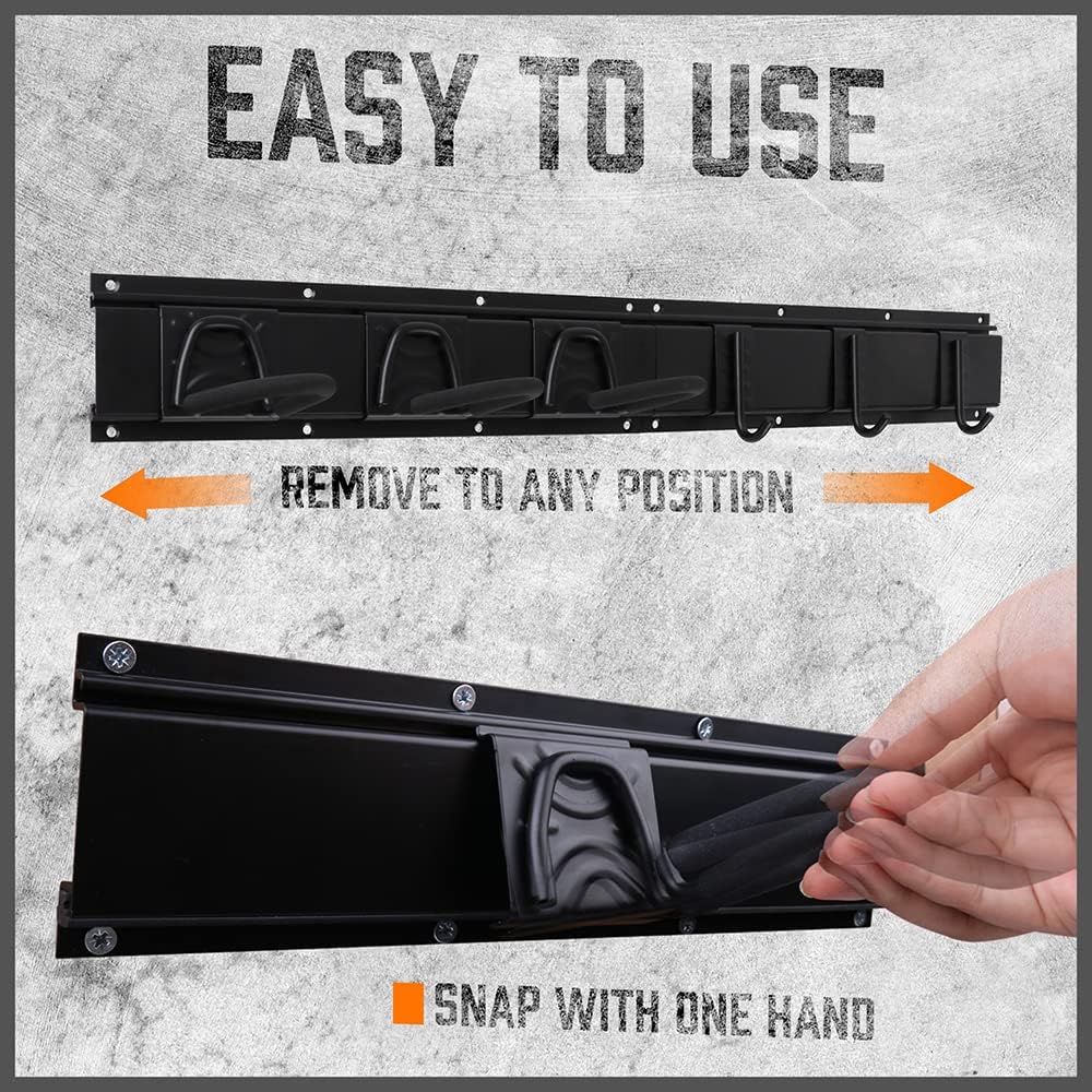 HORUSDY 16-piece wall mount garage hook system with adjustable bike storage hooks, heavy duty rails, and easy installation for bikes and helmets.