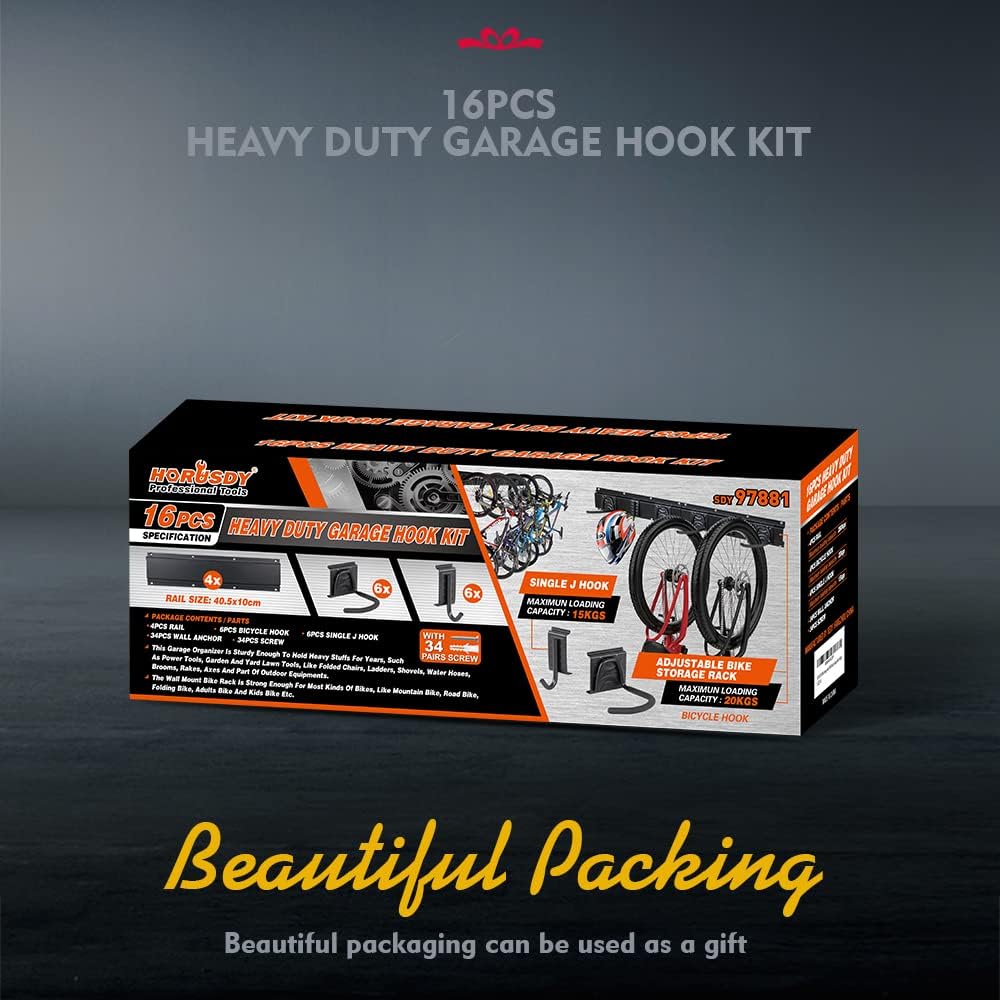 HORUSDY 16-piece wall mount garage hook system with adjustable bike storage hooks, heavy duty rails, and easy installation for bikes and helmets.