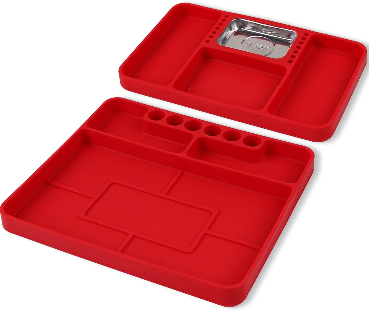 Flexible non-slip silicone tool trays with magnetic parts section, ideal for organizing tools, screws, and hardware in workshops and garages