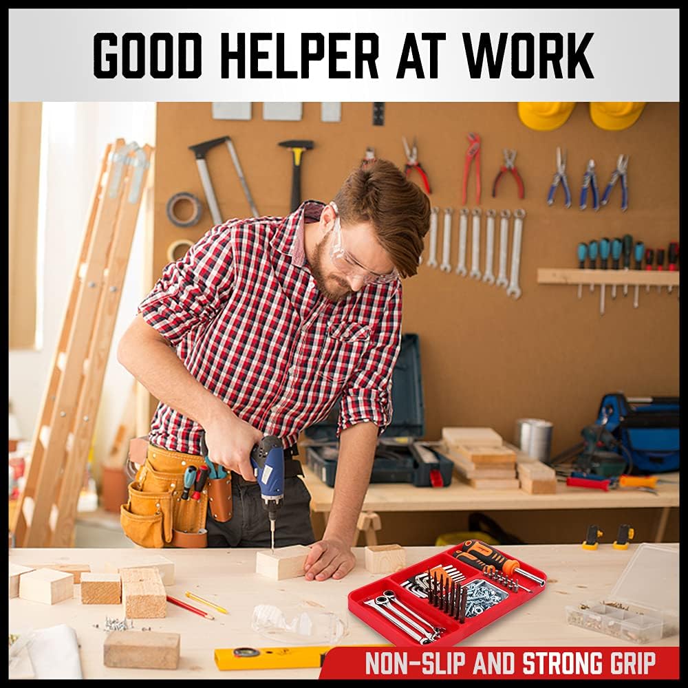 Flexible non-slip silicone tool trays with magnetic parts section, ideal for organizing tools, screws, and hardware in workshops and garages