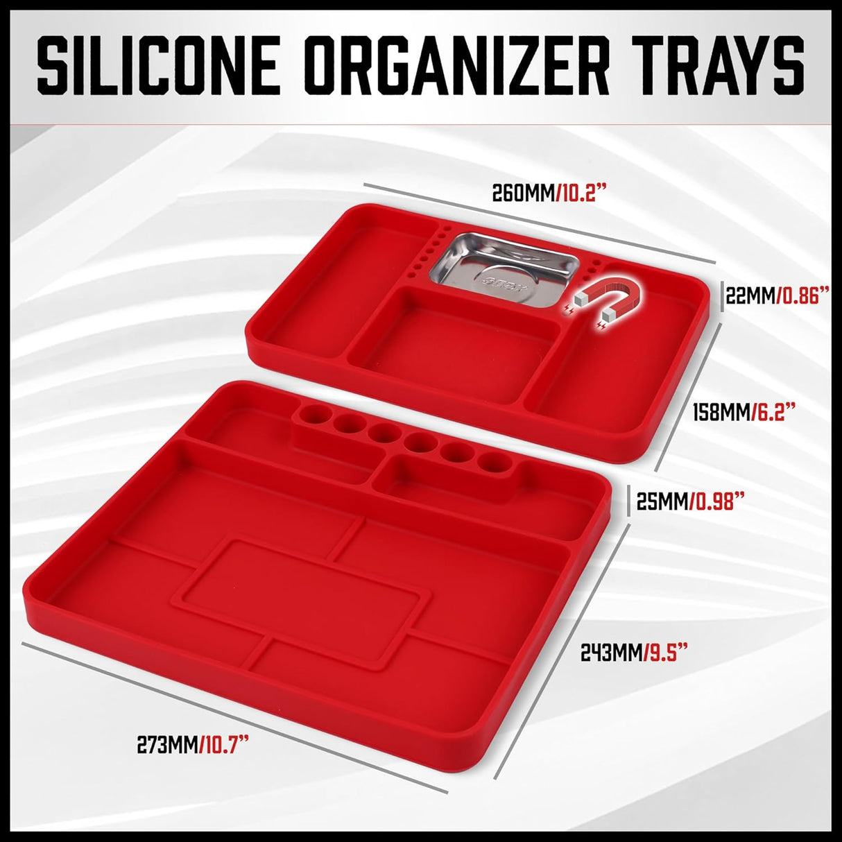 Flexible non-slip silicone tool trays with magnetic parts section, ideal for organizing tools, screws, and hardware in workshops and garages