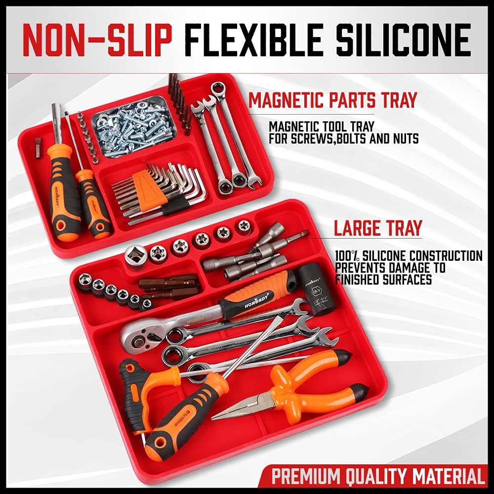 Flexible non-slip silicone tool trays with magnetic parts section, ideal for organizing tools, screws, and hardware in workshops and garages
