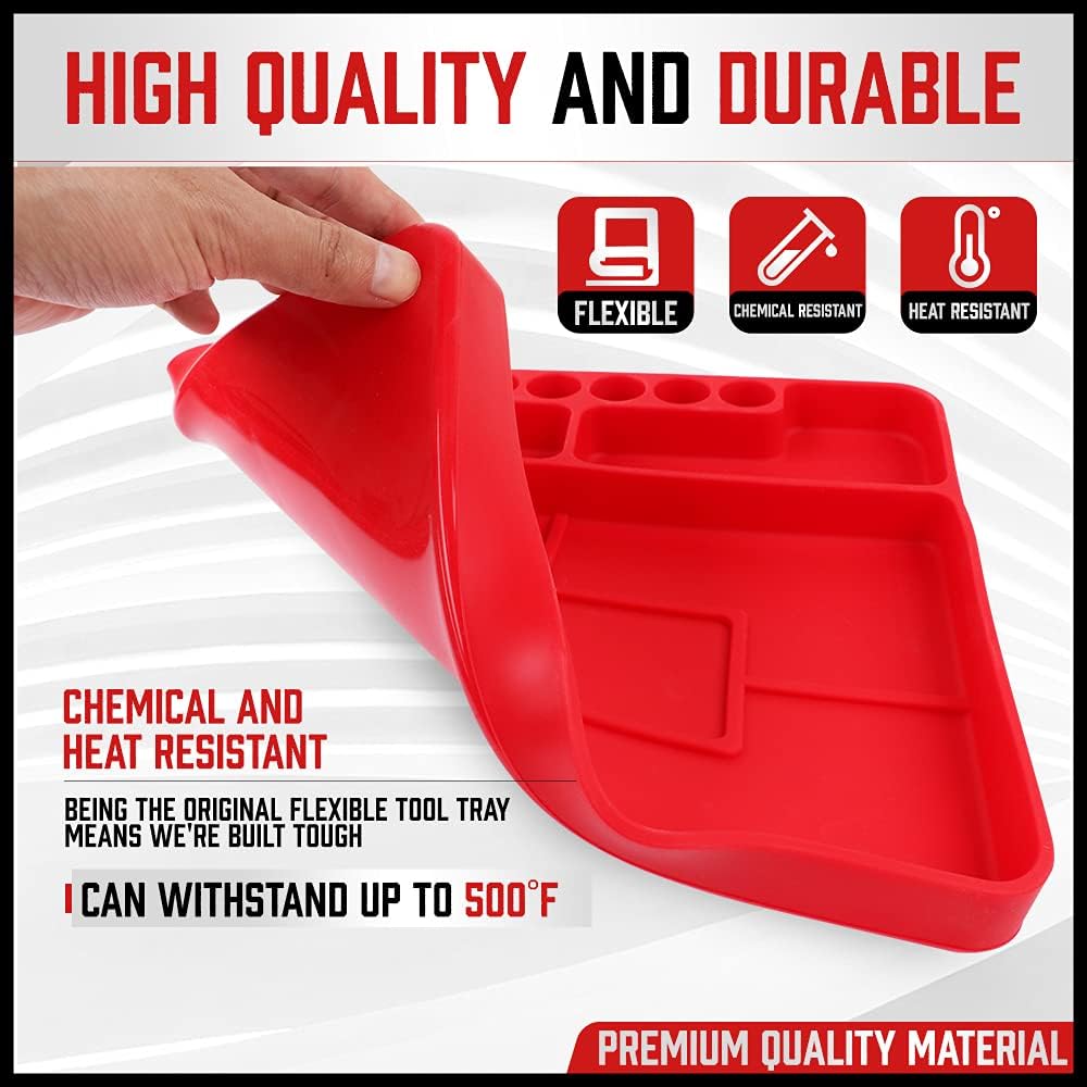 Flexible non-slip silicone tool trays with magnetic parts section, ideal for organizing tools, screws, and hardware in workshops and garages