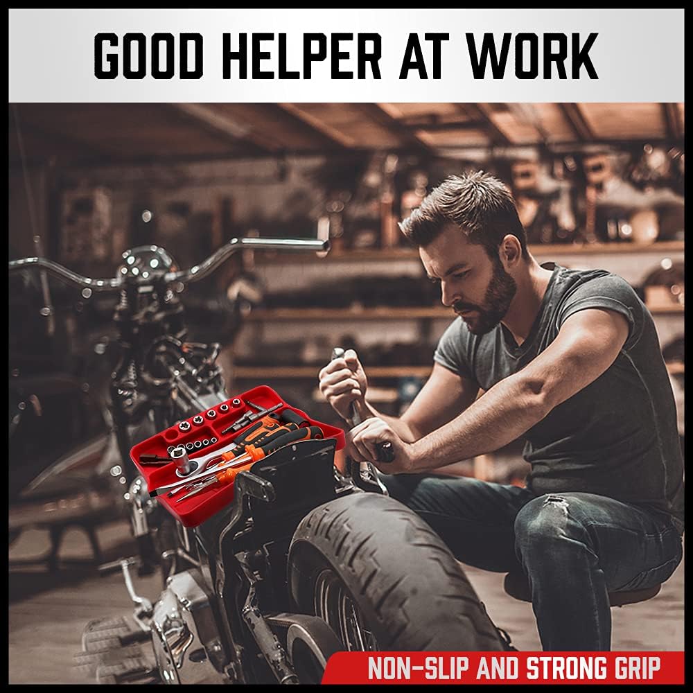 Flexible non-slip silicone tool trays with magnetic parts section, ideal for organizing tools, screws, and hardware in workshops and garages