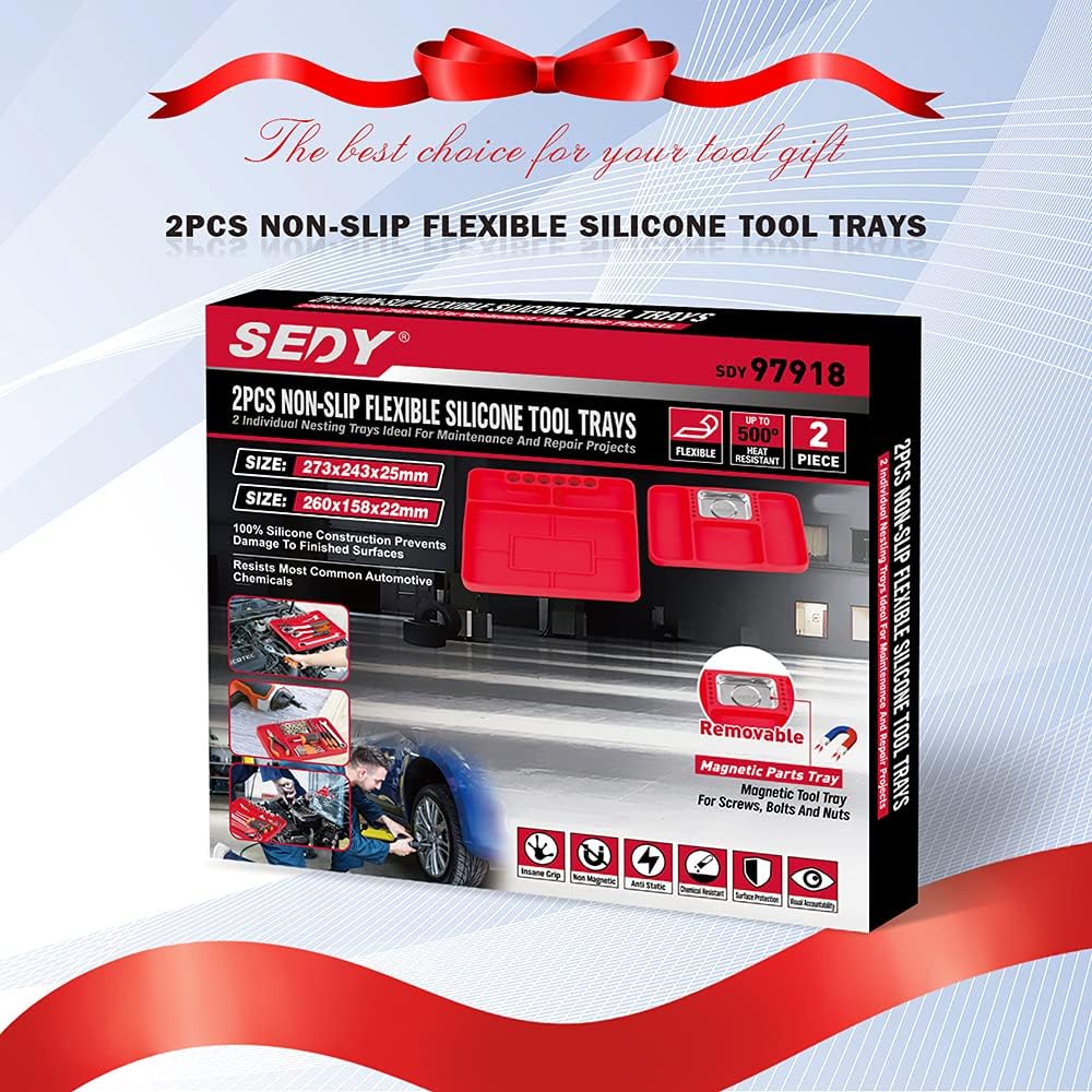 Flexible non-slip silicone tool trays with magnetic parts section, ideal for organizing tools, screws, and hardware in workshops and garages