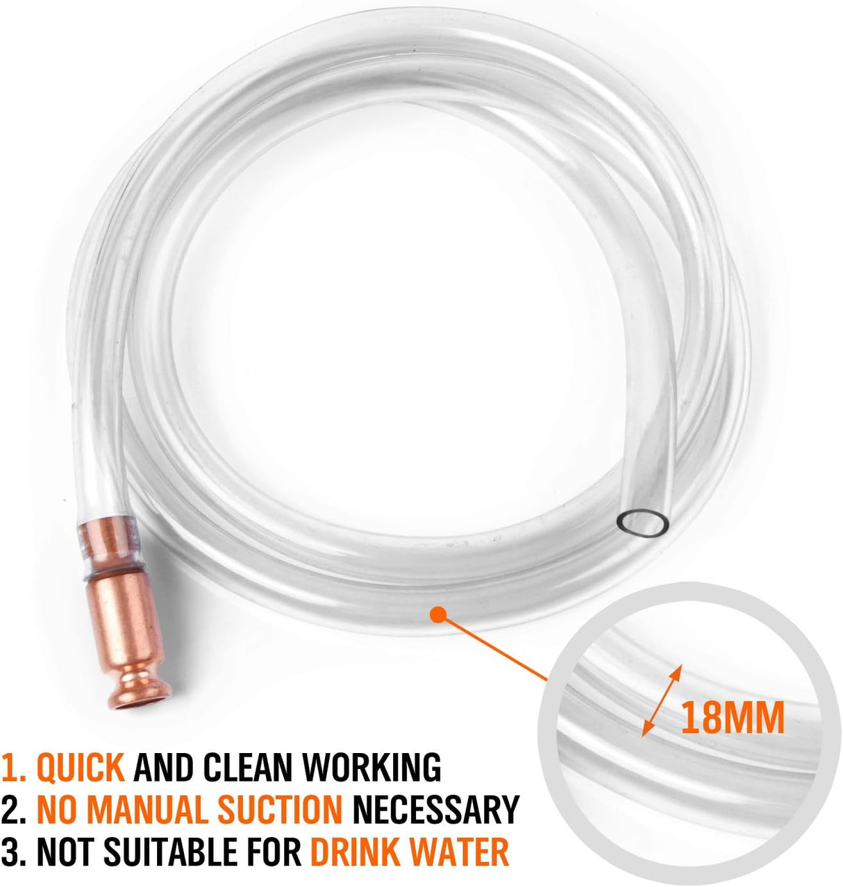 HORUSDY fuel transfer hose with copper nozzle, 1.8m anti-static siphon pump for car, gas, water, and camping