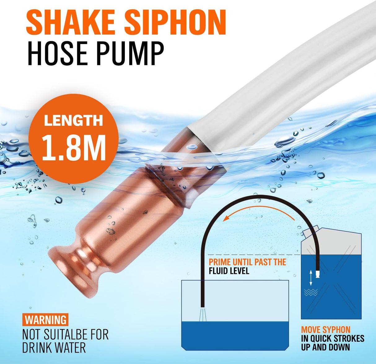 HORUSDY fuel transfer hose with copper nozzle, 1.8m anti-static siphon pump for car, gas, water, and camping