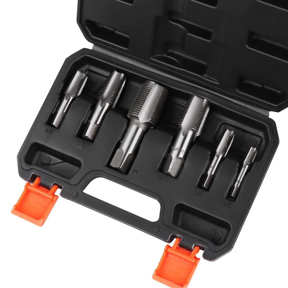 6-piece HORUSDY NPT pipe tap set with carbon steel construction, includes SAE sizes 1/8" to 1", in durable storage case.