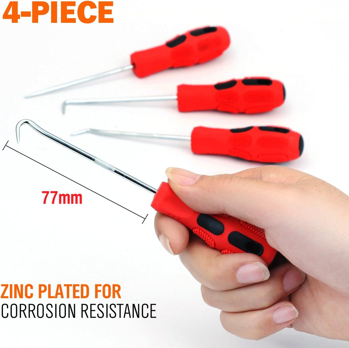 HORUSDY 4-piece mini pick and hook set with red anti-slip handles and zinc-plated chrome vanadium shafts for seal and O-ring removal