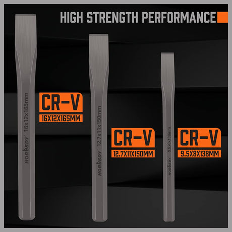 HORUSDY 3-Piece Heavy-Duty Cold Chisel Set, 3/8", 1/2", 5/8" Metal Chisels, Drop-Forged Cr-V Steel for Woodworking, Metalworking, Masonry & Carpentry