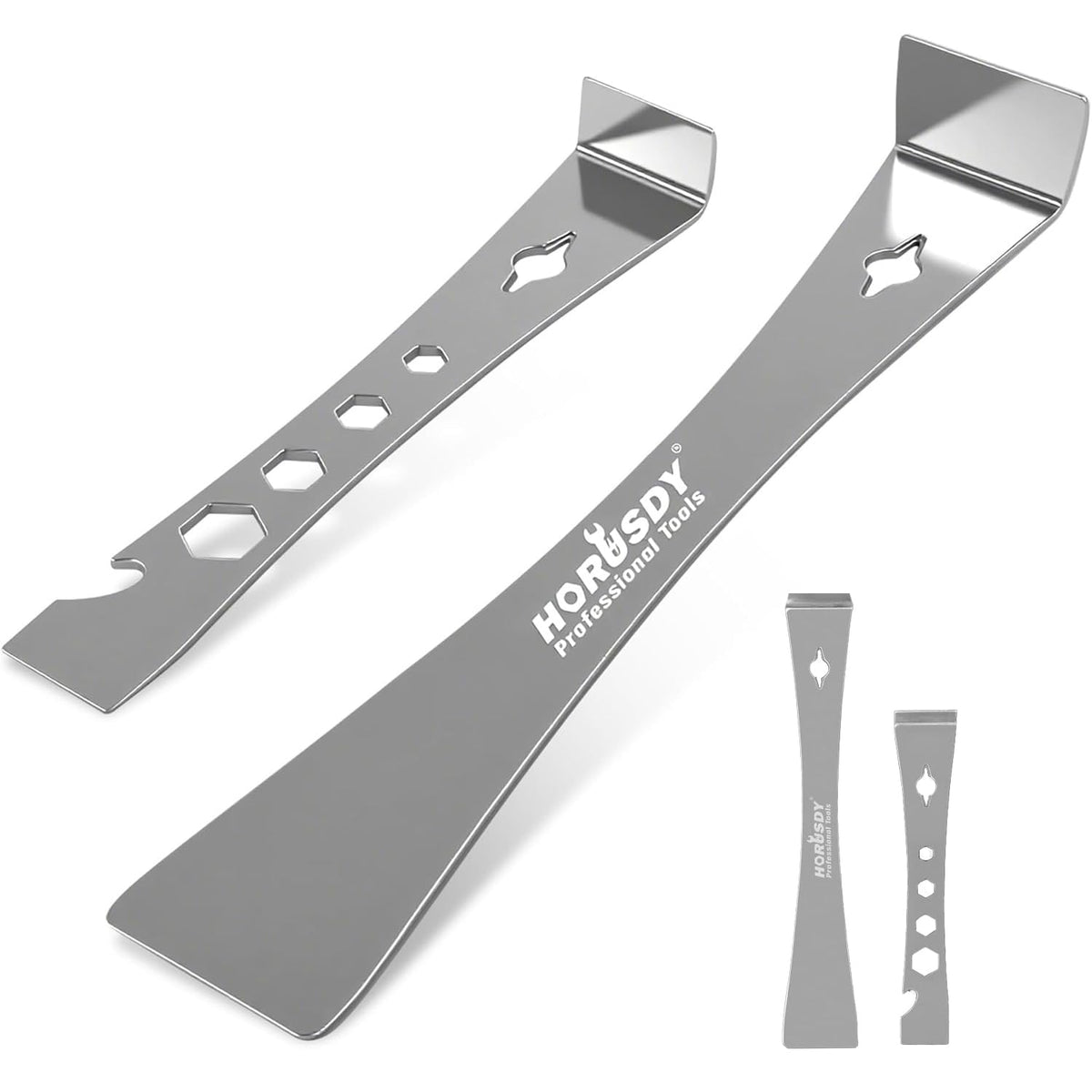HORUSDY 2-Piece Pry Bar Scraper Set, Stainless Steel Flat Pry Bars with Hex Screwdriver Function, 6-11/16” & 9-1/2” Multi-Purpose Nail Puller, Trim, Demolition & Repair Tools