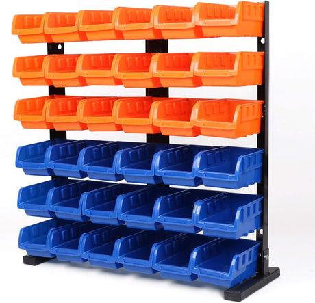 HORUSDY freestanding metal storage rack with 36 removable plastic bins for tools, screws, and garage organization