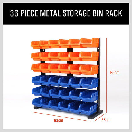 HORUSDY freestanding metal storage rack with 36 removable plastic bins for tools, screws, and garage organization