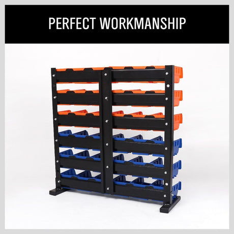 HORUSDY freestanding metal storage rack with 36 removable plastic bins for tools, screws, and garage organization