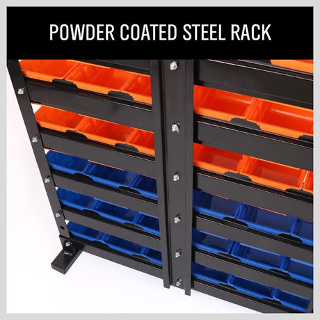 HORUSDY freestanding metal storage rack with 36 removable plastic bins for tools, screws, and garage organization
