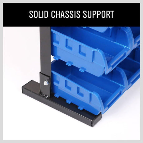 HORUSDY freestanding metal storage rack with 36 removable plastic bins for tools, screws, and garage organization