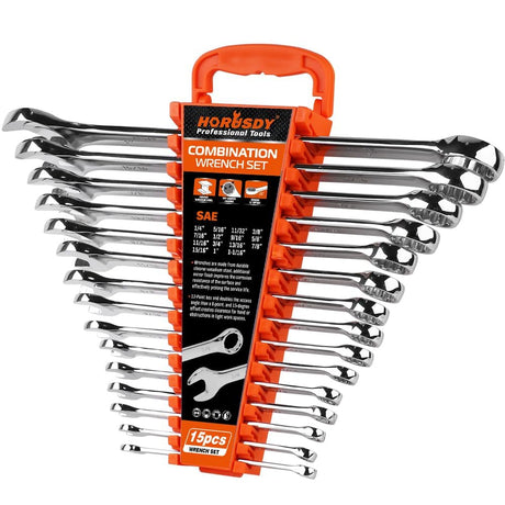 HORUSDY 15-Piece SAE Wrench Sets, Premium Combination Wrench Set Metric 1/4in-1 in, Max Torque, 12-Point, Chrome Vanadium Steel, with Storage Rack