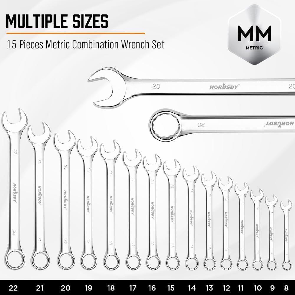 HORUSDY 15-Piece Metric Wrench Sets, Premium Combination Wrench Set Metric 8-22mm, Max Torque, 12-Point, Chrome Vanadium Steel, with Storage Rack