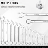 HORUSDY 15-Piece SAE Wrench Sets, Premium Combination Wrench Set Metric 1/4in-1 in, Max Torque, 12-Point, Chrome Vanadium Steel, with Storage Rack