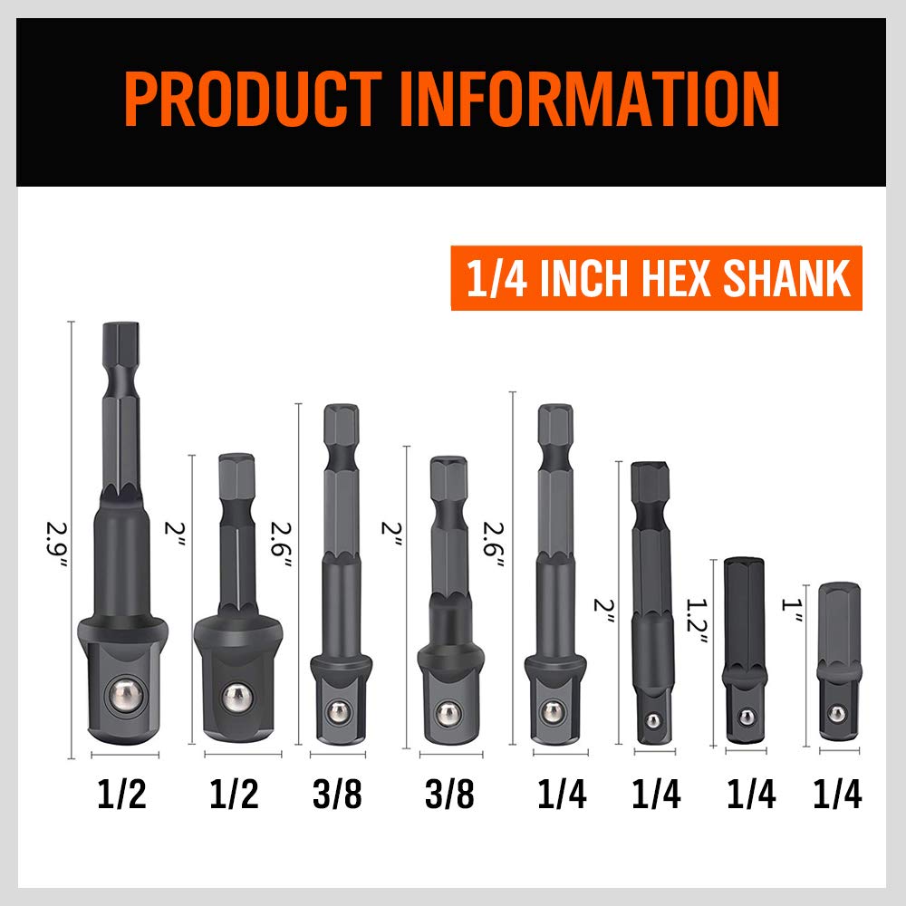 8-Piece Impact Sockets Adapter Sets, Hex Shank 1/4" 3/8" 1/2"
