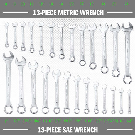 26-Piece Combination Wrench Set with Roll-up Pouch, SAE 1/4” - 1”, Metric 8mm - 24mm, Perfect for General Household, Garage, Auto Repairs and Travel Emergency