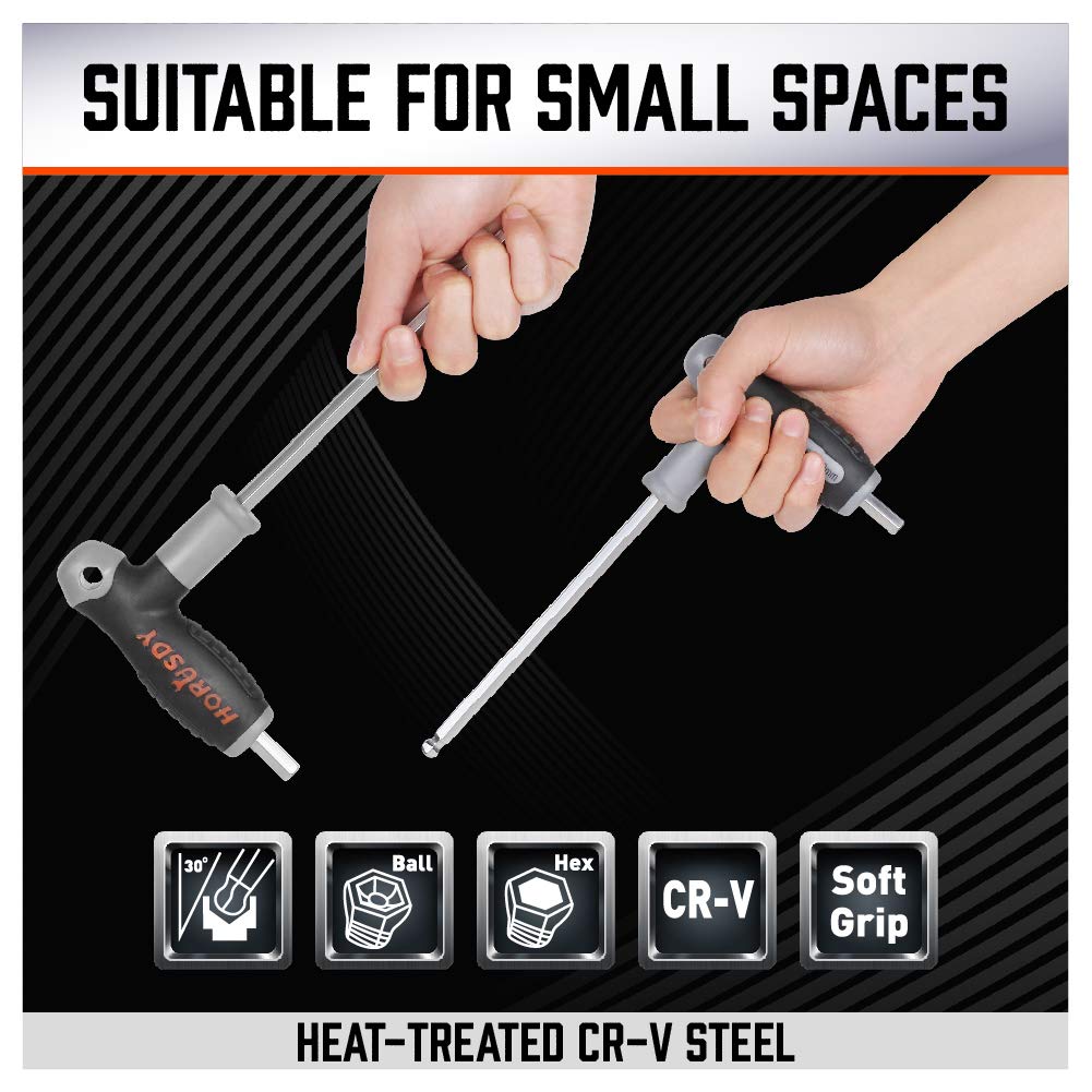 HORUSDY 18-Piece T-Handle allen wrench set, Inch/Metric Long Arm Ball End Hex Key Wrench Set, MM(1.5mm-10mm) SAE(1/16"-3/8")