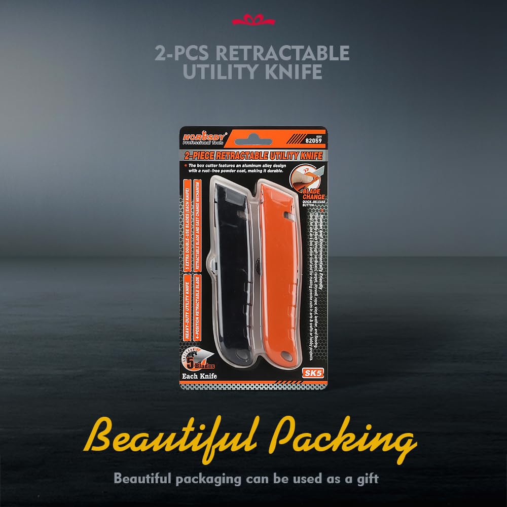 HORUSDY 2-Pack Box Cutter Utility Knife, Heavy Duty Aluminum Shell Retractable Box Cutter for Cardboard, Boxes and Cartons, Extra 10 Blades.