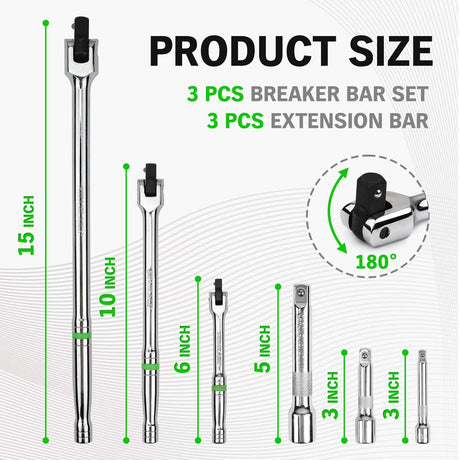 6-Piece Premium Breaker Bar Set, 1/4", 3/8" & 1/2" Drive, Heavy Duty Breaker Bars, 6-inch, 10-inch, 15-inch Length with 180° Rotatable Head