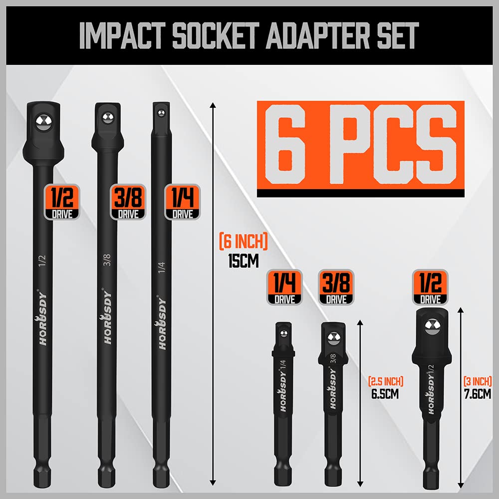 6-Piece Impact Sockets Adapter Sets, 3-Inch and 6-Inch Hex Shank 1/4" 3/8" 1/2"