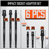6-Piece Impact Sockets Adapter Sets, 3-Inch and 6-Inch Hex Shank 1/4" 3/8" 1/2"