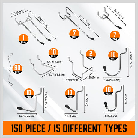HORUSDY 150 PCS Pegboard Hooks Assortment Kit – 15 Types Heavy Duty Pegboard Accessories with Bins – Fits 1/8 & 1/4 Inch Pegboard Metal Hooks for Garage, Workshop, and Tool Organization