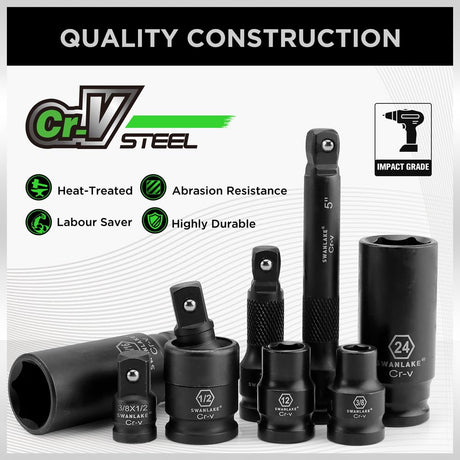 SWANLAKE 1/2" Drive Impact Socket Set, 66-Piece Standard SAE (3/8"-1-1/4") and Metric (8-24mm) Size, 6 Point, Cr-V, 1/2-Inch Drive Ratchet Handle, Extension Bar, Impact Universal Joint