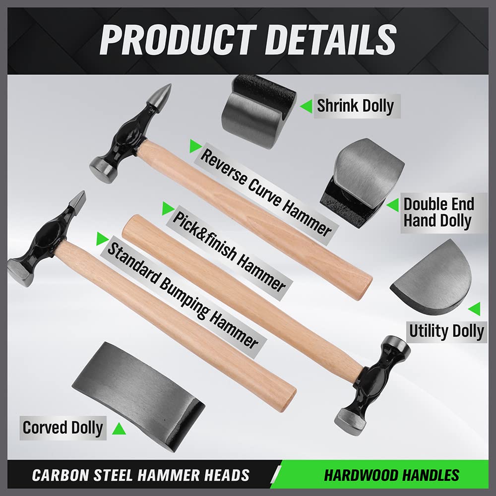 7 Piece Premium Auto Body Repair Kit,  Auto Body Repair Tools with Carbon Steel Hammer Heads