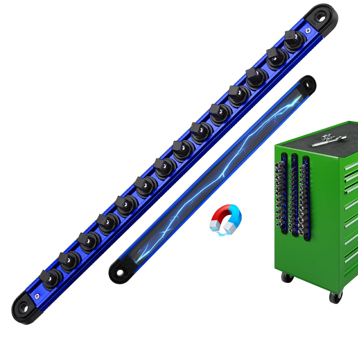 3/8-Inch Magnetic Socket Organizer Rail, Aluminum Alloy Socket Rail, Heavy Duty Sockets Holder with 14 Clips, 360° Swivel Clip Tool Tray, Sockets Organizer for Tool Box Drawer (Blue)