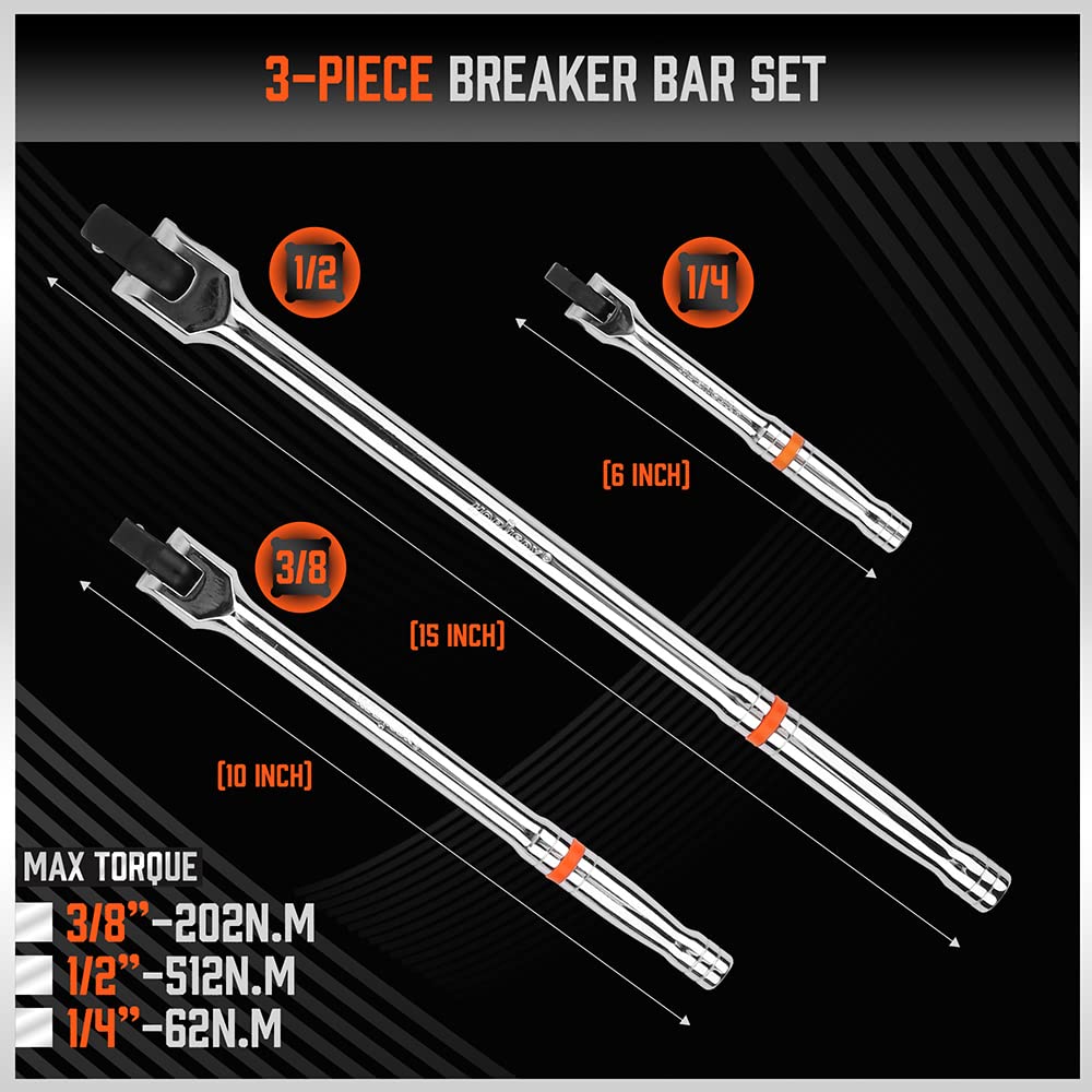 HORUSDY 3-Piece Breaker Bar Set with 180° Rotatable Head, 1/4'', 3/8'' and 1/2'' Drive, 6'', 10'', 15'' Length, Heavy Duty Breaker Bars with Chrome Vanadium Steel