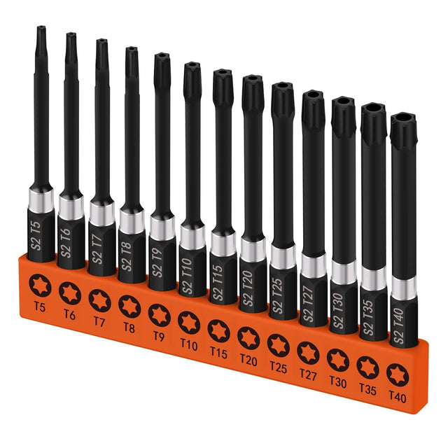HORUSDY 13-Piece Security Torx Bit Set, 3” Impact Rated Tamper-Resistant Star Bits, S2 Alloy Steel, 1/4” Hex Shank, T5–T40, Long Power Tool Driver Bits