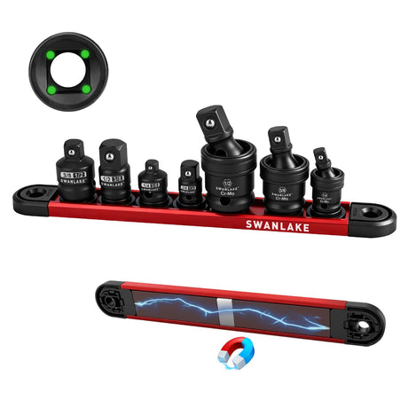 7-Piece Impact Swivel Socket Adapter Set, 1/4" 3/8" 1/2" Drive Universal Joint Socket Set CR-MO Steel, Wobble Joint Sockets Reducer with Magnetic Aluminum Sockets Rail