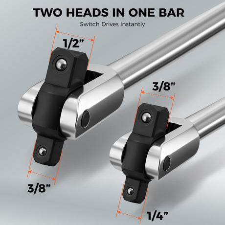 HORUSDY 10-Piece Dual-Drive Breaker Bar Set, Heavy-Duty Torque Kit with 360° Rotatable Head, Premium Cr-V Steel, Spring-loaded Detent Ball, Extension Bars & Socket Adapters, Durable Storage Case