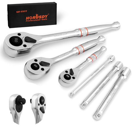 HORUSDY 3-Piece Ratchet Set, 1/4” 3/8”, 1/2" Drive Ratchet Handle Set, 90-Tooth,CR-V, Quick Release Ratchets