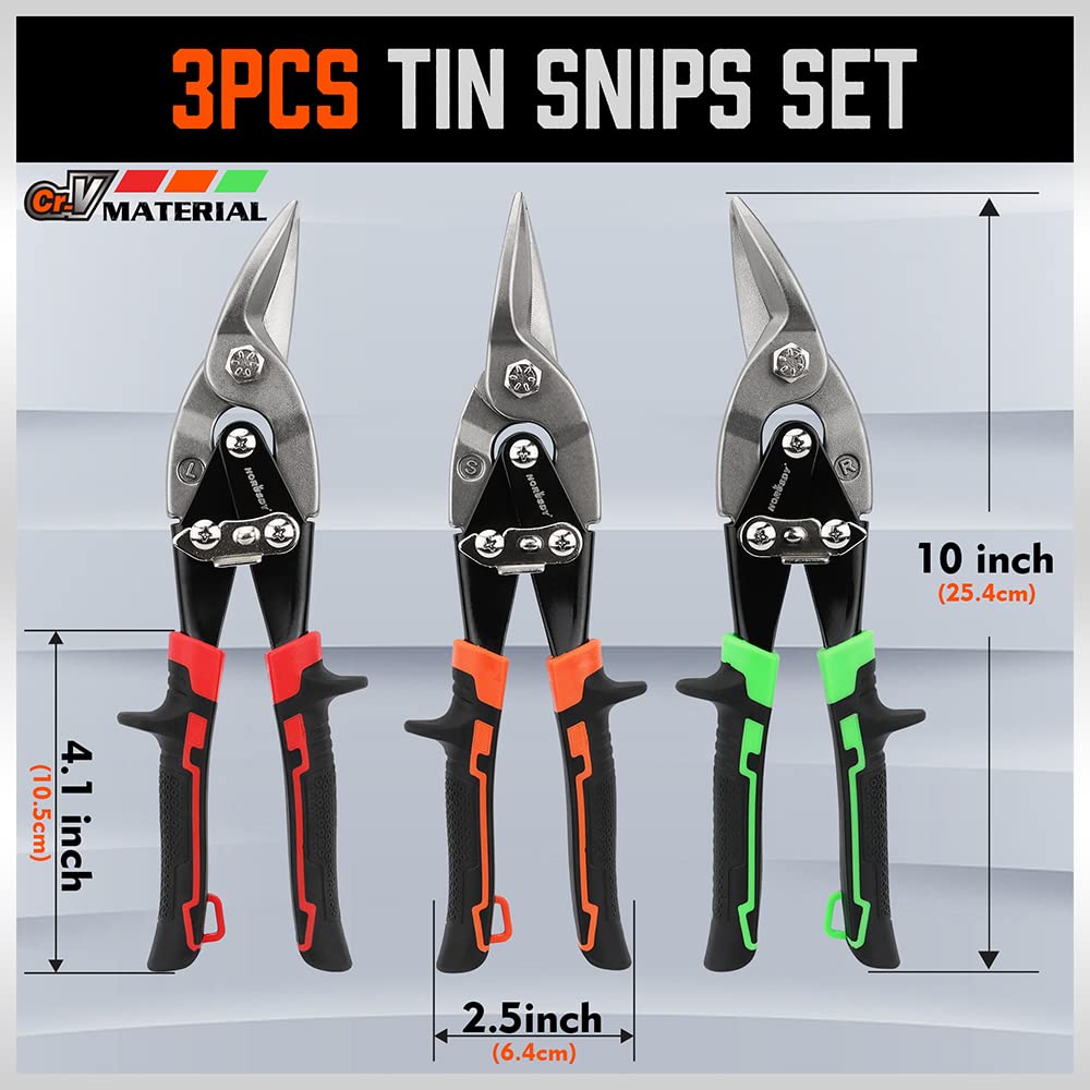 HORUSDY 3 Pack Aviation Tin Snips Set, 10 Inch Metal Straight Cut, Left Cut, Right Cut for Cut Sheet Metal, Chrome Vanadium Steel