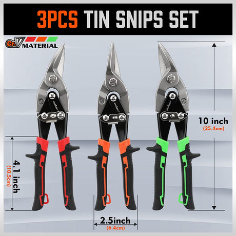 HORUSDY 3 Pack Aviation Tin Snips Set, 10 Inch Metal Straight Cut, Left Cut, Right Cut for Cut Sheet Metal, Chrome Vanadium Steel