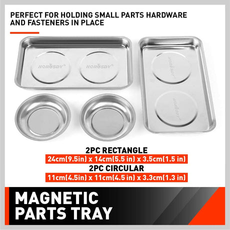HORUSDY 4-Piece Large Magnetic Parts Tray Set, Stainless Steel Heavy Duty 9.5" W x 5.5''L Square and 4.5" Round Magnetic Trays Tools Parts Tray