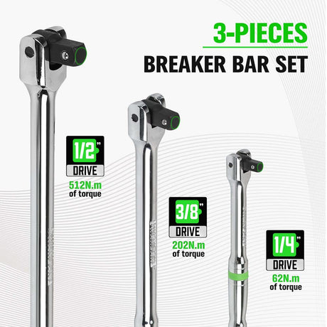 6-Piece Premium Breaker Bar Set, 1/4", 3/8" & 1/2" Drive, Heavy Duty Breaker Bars, 6-inch, 10-inch, 15-inch Length with 180° Rotatable Head