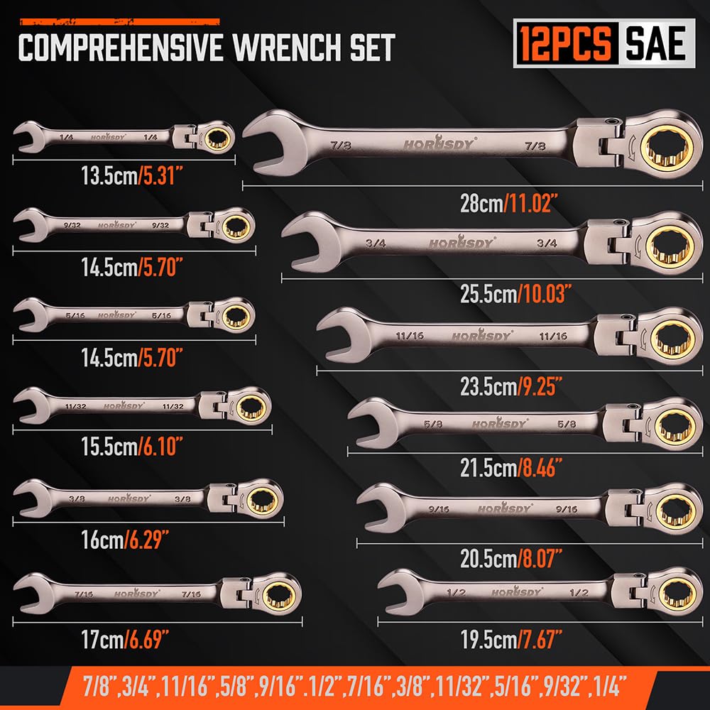 HORUSDY 12-Piece SAE Flex-Head Ratcheting Wrench Set with Organizer | 1/4” to 7/8“ Ratchet Combination Wrenches Set | 72-Teeth | Chrome Vanadium Steel