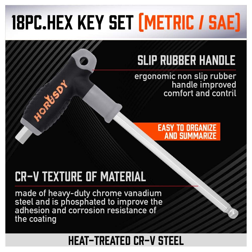 HORUSDY 18-Piece T-Handle allen wrench set, Inch/Metric Long Arm Ball End Hex Key Wrench Set, MM(1.5mm-10mm) SAE(1/16"-3/8")